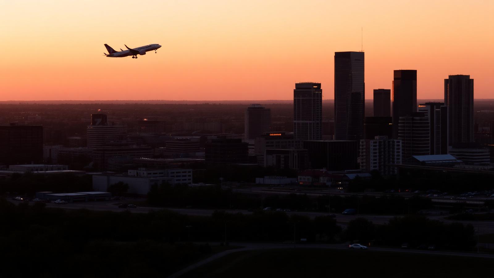 Fort Worth Texas skyline at sunset with a plane